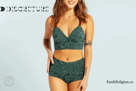 Woman dressed in colorful sustainable underwear and bralette from the brand Discreature
