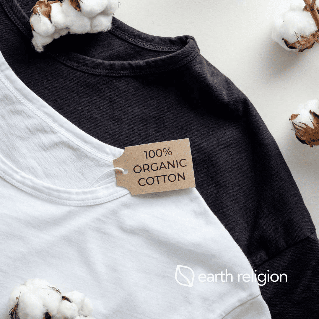 100% organic cotton t-shirts in black and white with cotton balls scattered around the image.