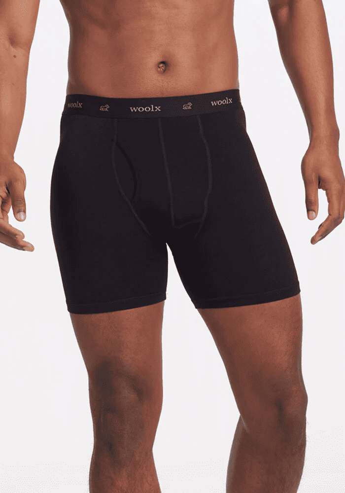 Man wearing black merino wool underwear by the brand Woolx.