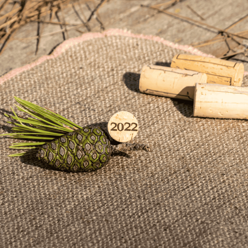 A durable swatch of oak pine and wine corks on a dry table.
