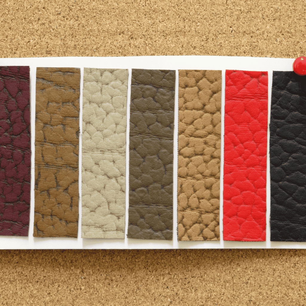 A swatch of the different types and colors of cork fabric available. 